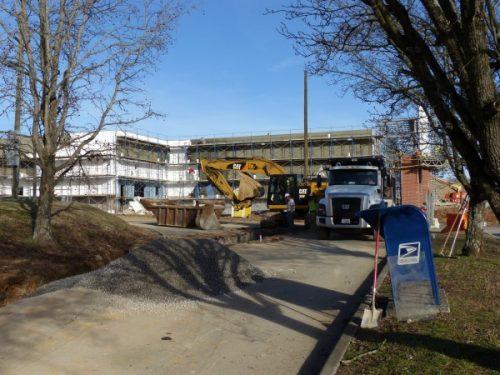 Construction work continues for new stores at Main Street Oak Ridge, the redevelopment of the former Oak Ridge Mall. This work on Friday, Feb. 10, 2017, is in the area that will house Dick's Sporting Goods and T.J. Maxx, roughly in the area of the former Sears department store between Walmart and the U.S. Post Office. (Photo by John Huotari/Oak Ridge Today)