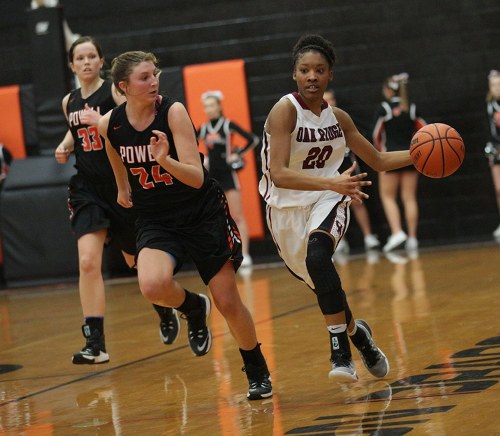 Oak Ridge junior Desiree Bates (20), who scored 10 points, is pictured above during a 59-34 win over Powell at Clinton during the District 3-AAA championship at Clinton on Tuesday, Feb. 21, 2017. She is defended here by Powell senior Kaitlyn Lentz (24), who scored 10 for the Lady Panthers. (Photo by Luther Simmons)