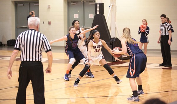 Oak Ridge junior Mykia Dowdell (34) plays defense during a 48-47 Region 2-AAA semifinal win over William Blount at Wildcat Arena on Monday, Feb. 27, 2017. (Photo by Luther Simmons)