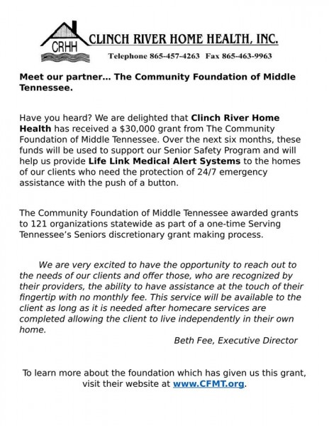 A statement about a $30,000 grant from The Community Foundation of Middle Tennessee posted by Clinch River Home Health.