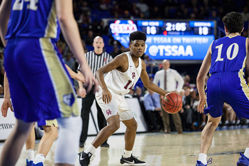 Oak Ridge sophomore Herbert Booker (14) drives against Brentwood during a 53-45 win for the Wildcats in a Class AAA boys' state quarterfinal game at Murphy Center in Murfreesboro on Wednesday, March 15, 2017. (Photo by Kindell Moore)