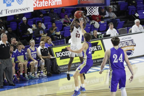 Oak Ridge senior Anthony Gibson (23) shoots from three-point range during a 53-45 win over Brentwood in a Class AAA boys' state quarterfinal game at Murphy Center in Murfreesboro on Wednesday, March 15, 2017. (Photo by Luther Simmons)