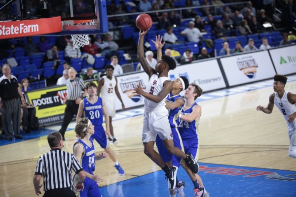 Oak Ridge senior Tee Higgins (5) had 16 points, 10 rebounds, four assists, two blocks, and two dunks during a 53-45 win over Brentwood in a Class AAA boys' state quarterfinal game at Murphy Center in Murfreesboro on Wednesday, March 15, 2017. (Photo by Luther Simmons)