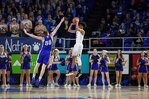 Oak Ridge senior Tajion Jones (3) shoots during a 53-45 win over Brentwood in a Class AAA boys' state quarterfinal game at Murphy Center in Murfreesboro on Wednesday, March 15, 2017. (Photo by Kindell Moore)
