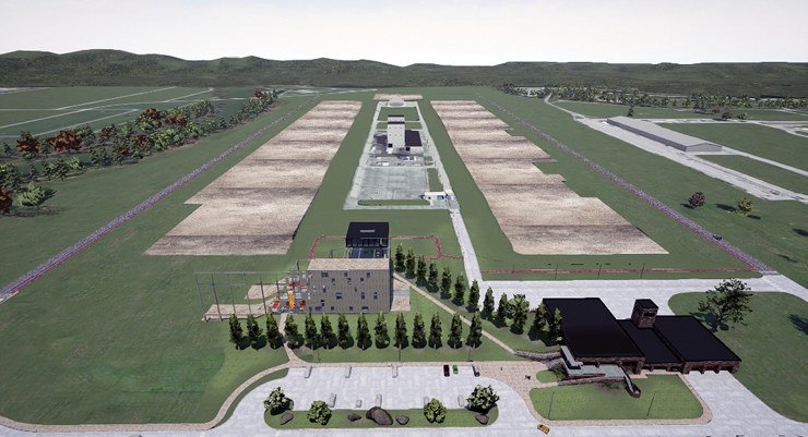 An image showing the footprint of the former mile-long, U-shaped K-25 Building at the former K-25 site in west Oak Ridge, now known as East Tennessee Technology Park or Heritage Center. Built during World War II to enrich uranium, the K-25 Building has been demolished but its "footprint" has been preserved. This image shows the footprint at center, the K-25 History Center on the second floor of the city-owned fire station, front right, and the Equipment Building and Viewing Tower at front left. (Graphic by David Brown/U.S. Department of Energy)