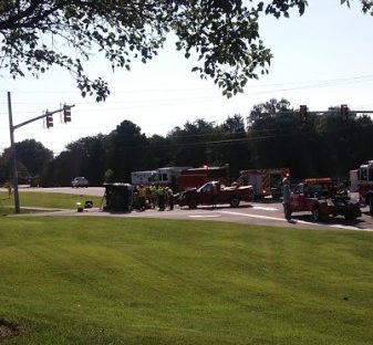 A two-vehicle crash was reported at Laboratory Road and Bus Terminal Road on Friday morning, July 14, 2017. (Photo by Kevin Rice)