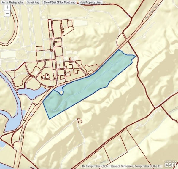 The Happy Valley property is pictured above in this map available on the state's Tennessee Property Viewer website. East Tennessee Technology Park, the former K-25 site, is just north of the land. The ETTP Visitor's Overlook turnoff is visible on the left end of the parcel and the U.S. Department of Energy haul road is visible on the right side.