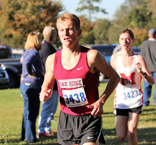 Pictured above is Oak Ridge senior Daeton Byars, who finished 24th in the boys 5,000-meter cross country race in the Region 2 Large Division Championships at Victor Ashe Park in Knoxville on Thursday, Oct. 26, 2017. (Photo by Maddie Zawisza)