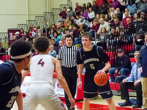 Spencer Chandler (5) of Anderson County in a District 3-AAA semifinal game against Oak Ridge at Halls on Friday, Feb. 16, 2018. (Photo by John Huotari/Oak Ridge Today)