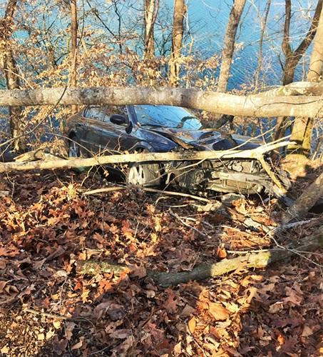 No injuries were reported after a car crashed off the side of the road above the Clinch River on Melton Lake Drive near Rivers Run Boulevard on Friday afternoon, Feb. 2, 2018, authorities said. (Photo by Oak Ridge Police Department)
