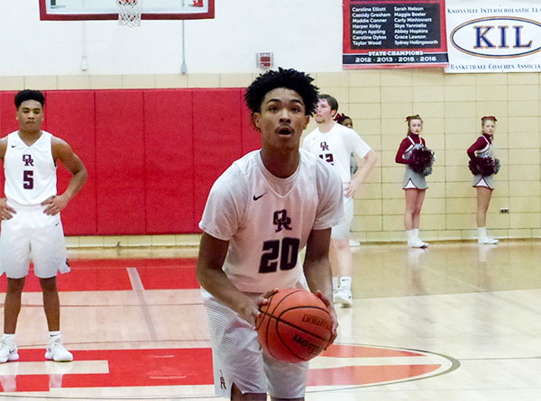 Isaiah Johnson (20) of Oak Ridge shoots a free throw during a 60-58 loss to Powell in the District 3-AAA championship at Halls on Saturday, Feb. 17, 2018. (Photo by John Huotari/Oak Ridge Today)