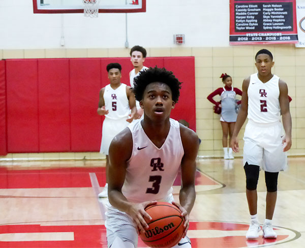 Javonte Thomas (3) of Oak Ridge shoots a free throw during a 60-58 loss to Powell in the District 3-AAA championship at Halls on Saturday, Feb. 17, 2018.(Photo by John Huotari/Oak Ridge Today)