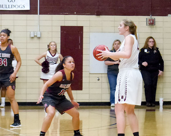 Oak Ridge senior Terrika Dean (14) guards Bearden senior Grace Van Rij (44) during a 57-45 Region 2-AAA championship loss for the Lady Wildcats at Bearden on Monday, Feb. 26, 2018. (Photo by John Huotari/Oak Ridge Today)