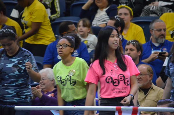 The Secret City Wildbots compete in the Palmetto regional robotics competition on Friday, March 2, 2018. Pictured above are Ruth Hammond and Olivia Mahathy dancing between matches. (Photo by Angi Agle)
