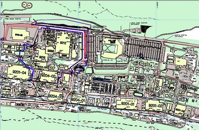 The new Lithium Production Facility at the Y-12 National Security Complex could be built where the Biology Complex is now in the area on the east side of the plant and pictured above at upper right (you may be able to see one building numbered 9210 to the east of a parking lot at center-right and the Jack Case Center at top-center), and it would replace Building 9204-02 on the west side of the plant, close to the left of the image above. (Map courtesy CNS Y-12)