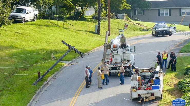 A motorcyclist was flown to a Knoxville hospital in a medical helicopter with what were described as serious injuries after crashing into a power pole on West Outer Drive on Wednesday morning, Aug. 8, 2018. authorities said. (Photo by John Huotari/Oak Ridge Today)