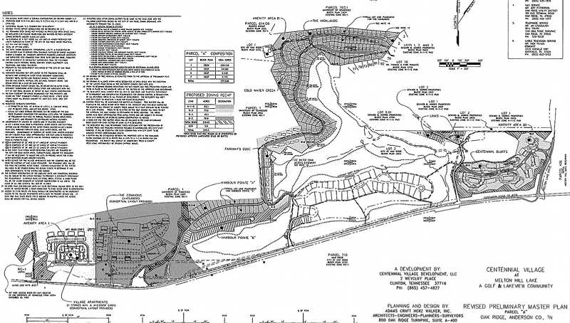 The revised preliminary master plan for Centennial Village adopted in 2009. Centennial Bluffs are at right, Centennial Village Apartments are at left. Edgemoor Road is at the bottom of the development, Park Meade is at bottom-center, and what would become Harbour Pointe, after changes to the plan, is at left-center.