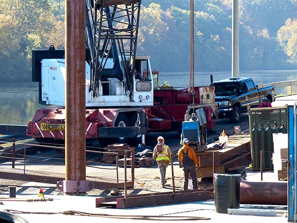Work is under way on the bridge to replace the Honorable William Everette Lewallen Bridge over the Clinch River on Clinch Avenue between downtown Clinton and South Clinton. The work is pictured above on Tuesday, Oct. 30, 2018. (Photo by John Huotari/Oak Ridge Today)