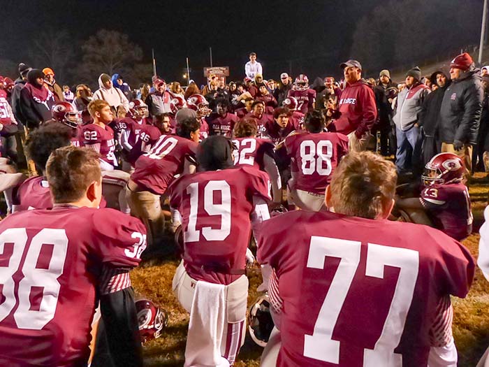 Coach Joe Gaddis talks to the Oak Ridge Wildcats after a 42-40 loss to Catholic in a Class 5A quarterfinal game on Blankenship Field on Friday, Nov. 16, 2018. (Photo by John Huotari/Oak Ridge Today)