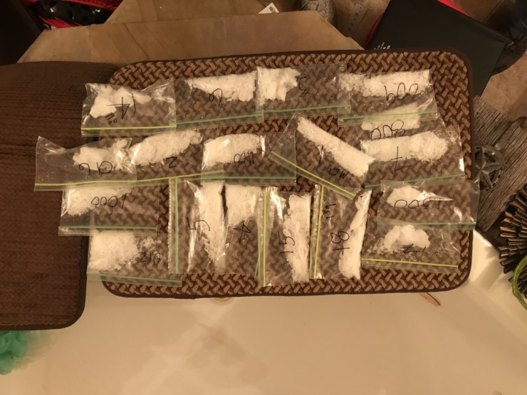 A search by law enforcement officers at a home in Briceville on Wednesday, Feb. 13, 2019, found large amounts of methamphetamine and heroin and hundreds of prescription pills, and charges are pending, a press release said. (Photo courtesy Anderson County Sheriff's Department)