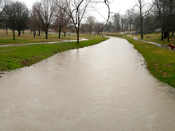 Normally you can jump or hop across this small creek at the Oak Ridge Civic Center. But it is flooded as heavy rain falls continuously on Tuesday morning, Feb. 12, 2019. (Photo by John Huotari/Oak Ridge Today)