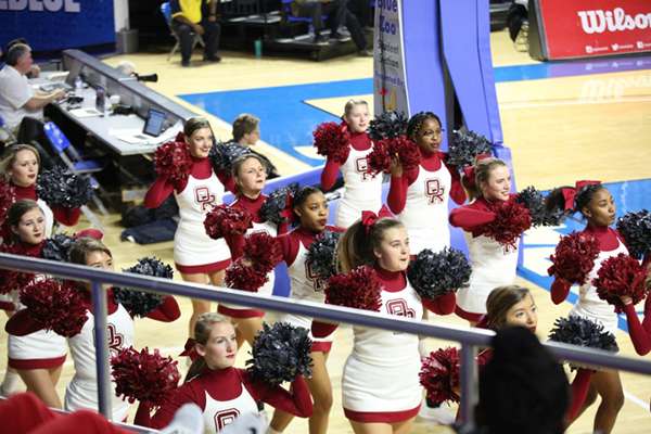 The Oak Ridge High School cheerleaders are pictured above during a 65-49 win for the Lady Wildcats over Science Hill in a Class AAA girls basketball tournament quarterfinal game in Murphy Center at Middle Tennessee State University in Mufreesboro on Thursday, March 7, 2019. (Photo by Luther Simmons)