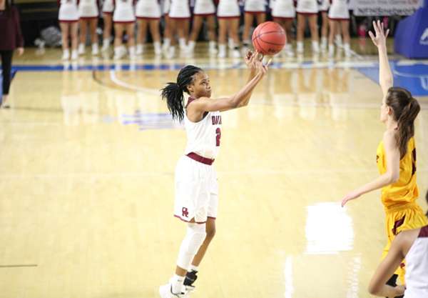 Oak Ridge sophomore Khamari Mitchell-Steen (2) shoots the basketball during a 65-49 win over Science Hill in a Class AAA girls basketball tournament quarterfinal game in Murphy Center at Middle Tennessee State University in Mufreesboro on Thursday, March 7, 2019. (Photo by Luther Simmons)