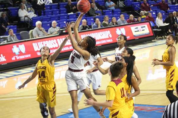 Oak Ridge junior Taliah Davis (5) shoots a layup during a 65-49 win over Science Hill in a Class AAA girls basketball tournament quarterfinal game in Murphy Center at Middle Tennessee State University in Mufreesboro on Thursday, March 7, 2019. (Photo by Luther Simmons)